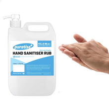 Load image into Gallery viewer, PURATISE Hand Sanitiser RUB 5 Litres with Pump Melbec Microbiology Approved BSEN 1276:2019 & BSEN1500:2013