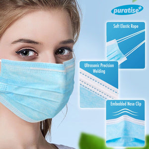 Puratise Disposable 3 Ply Face Masks- 50 Per Box- Made in the UK