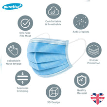 Load image into Gallery viewer, Puratise Disposable 3 Ply Face Masks- 50 Per Box- Made in the UK
