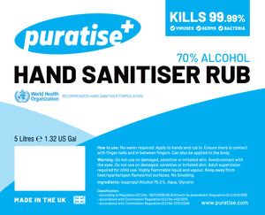 PURATISE Hand Sanitiser RUB 5 Litres Melbec Microbiology Approved BSEN 1276:2019 & BSEN1500:2013