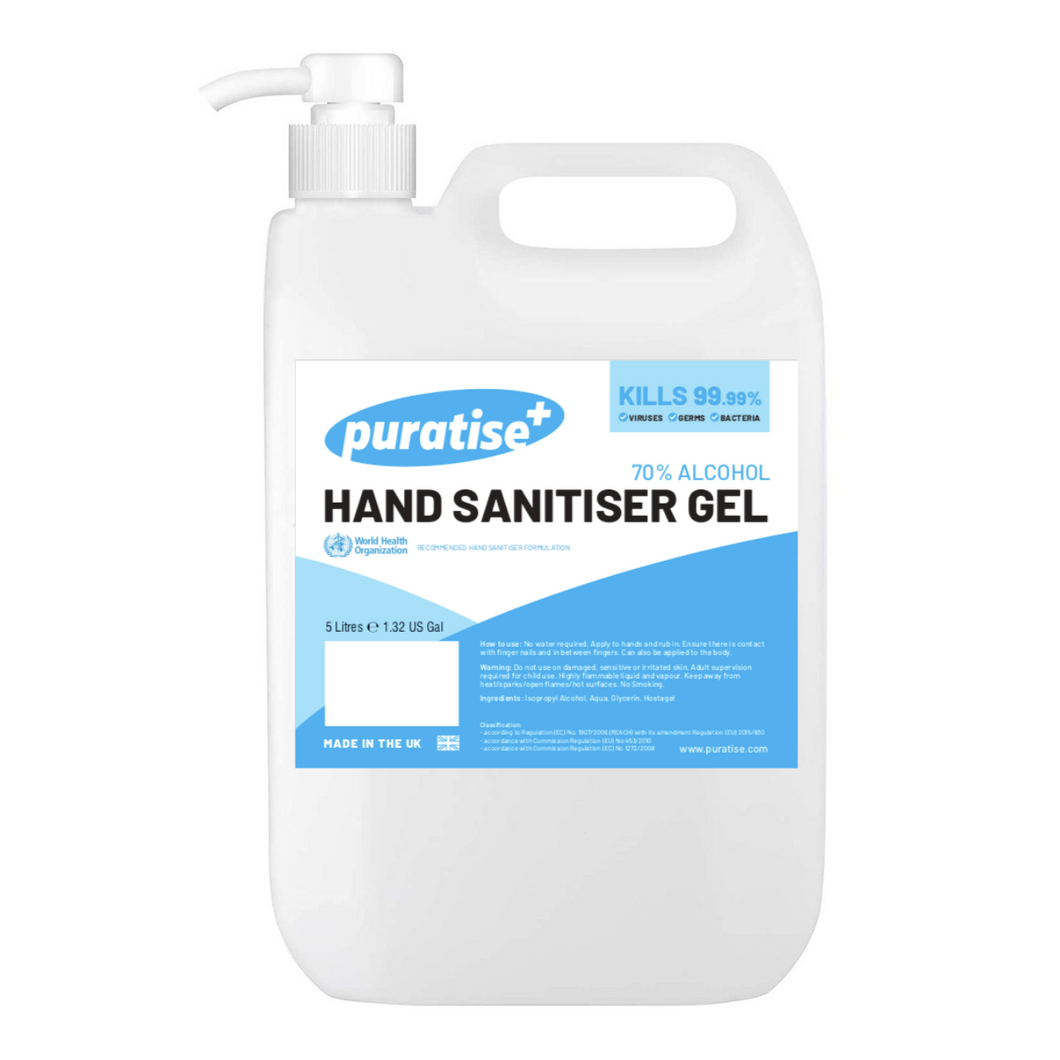 PURATISE Hand Sanitiser GEL 5 Litres with Pump - Melbec Microbiology Approved BSEN 1276:2019 & BSEN1500:2013