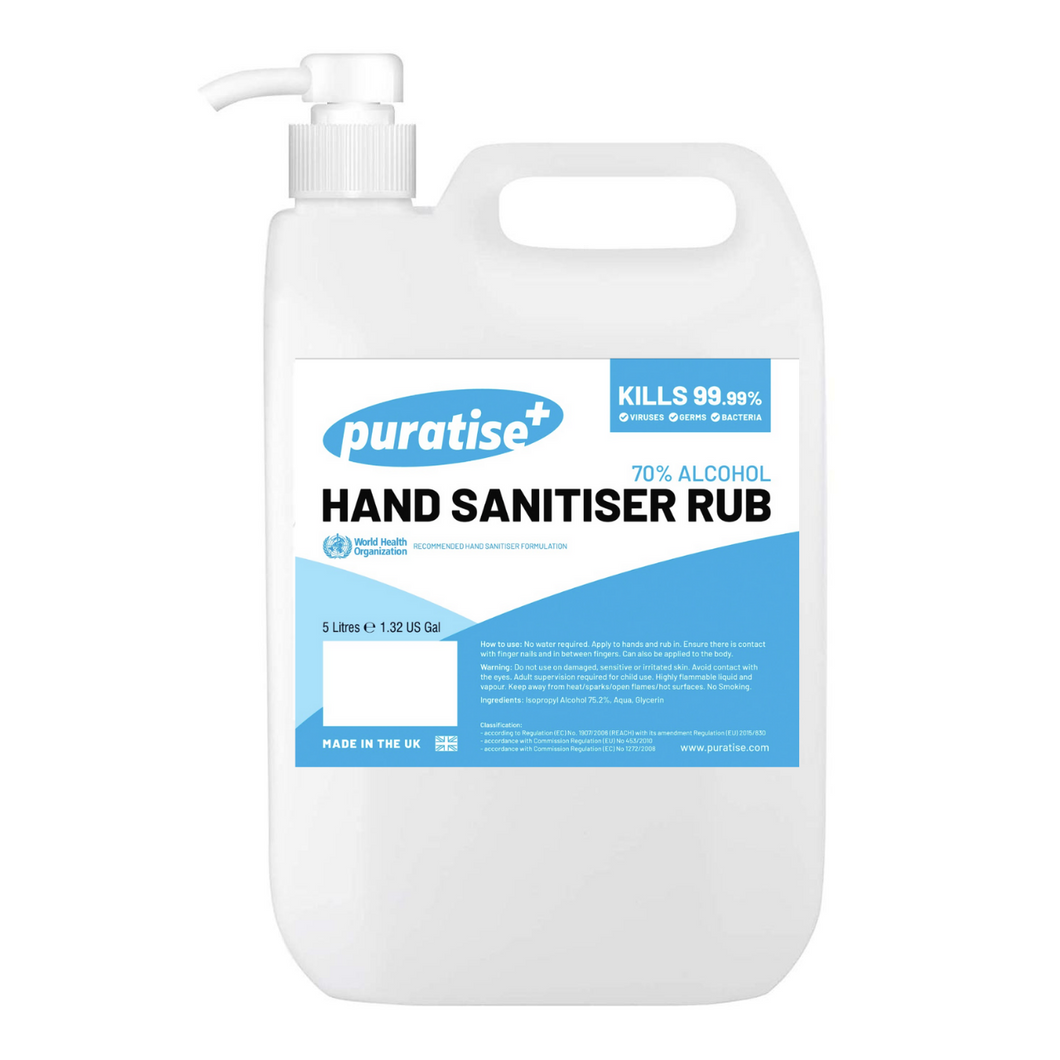 PURATISE Hand Sanitiser RUB 5 Litres with Pump Melbec Microbiology Approved BSEN 1276:2019 & BSEN1500:2013